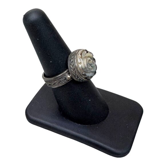 Vintage 925 Silver Rose Ring Carved Mother Of Pearl Cabochon Size 7 Art Deco - Picture 8 of 10